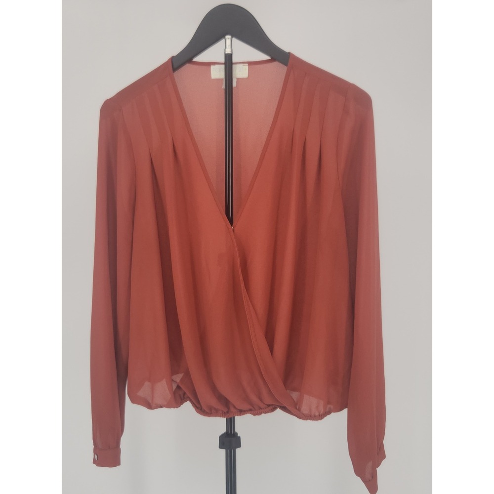 Forever 21 Plus 0X Terracotta Rust Sheer Surplice Wrap Blouse Pleated V-Neck Top